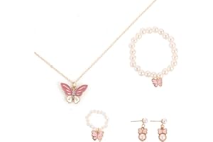 DiiWmme 4 Pièces Ensemble de Bijoux pour Enfants pour Filles Collier Papillon Bracelets Boucles d'oreilles et Bague pour Enfants Ensemble de Bijoux Princesse Bijoux Fantaisie pour Filles pour Tout