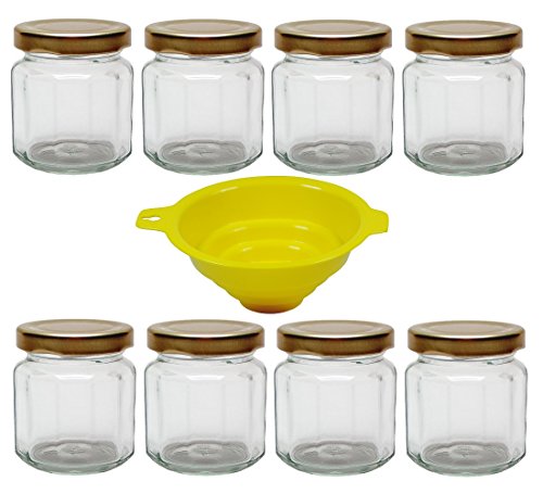 Viva-Haushaltswaren - 8 x Einmachglas 120 ml Marmeladenglas, Gewürzglas mit Schraubdeckel (Farbe gold) inkl. einem Einfülltrichter