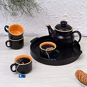 Unique SS Ceramic Kettle and Cup Set 1 Kettle 1 Plate and 4 Cup Heat Resistant Kettle Capacity 575 ML and Cup Capacity 120 ML Black Matt