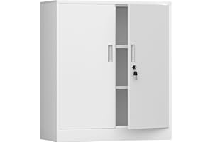 iJINGUR Metal Storage Cupboard with Locking Doors and 2 Adjustable Shelves, Small Lockable Storage Cabinet for Home Office Garage (White)