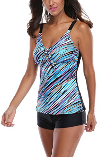 Attraco Damen Mehrfarbig Two Piece Bunten Streifen Tankini Mit Hotpants - 2