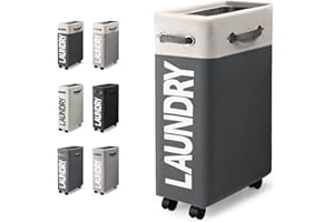 Rieeyrslza Składany Kosz na Pranie 45L Wolnostojący na Kółkach - Wodoodporny Sorter Bardzo Wąski, Nadaje się do Domu (Biały+Ciemnoszary o2)