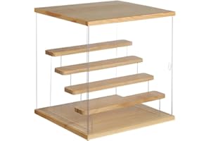 Nynelly 5-Tier Clear Acrylic Display Case Display Box Display Stand with Door,Countertop Display Case for Collectible Mini Action Figure,Dustproof Storage Organizer(Oak Top,Base,Step)