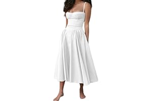 Shuanghao Summer Elegant Sleeveless Long Dresses for Women UK Ladies Vintage Solid Bohemian A Line Midi Swing Dress Women's Corset Spaghetti Straps Square Neck Beach Sundress with Pockets