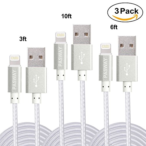 Lightning Kabel Pasway iPhone Ladekabel 3 Pack (1M, 2M, 3M) Nylon Geflochtenes USB Kabel mit Lightning Connector für iPhone 6/6 Plus/6S, iPad Air 2, iPad Pro und mehr Silber