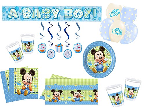Partydekoset Babyparty Baby Shower Mickey Baby Junge blaufür 16 Personen 65teilig Pullerparty Baby Geburt Babyparty Komplettset Tischdeko Party Geschirr