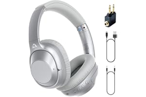 YMOO Over Ear Kopfhörer Bluetooth 5.2 Active Noise Cancelling für Flugzeug,75H HiFi Stereo Kopfhörer Kabellos Bluetooth mit Mikrofon, On Ear Kopfhörer für TV/PC/Handy/Tablet mit Flight Adapter(Sliver)