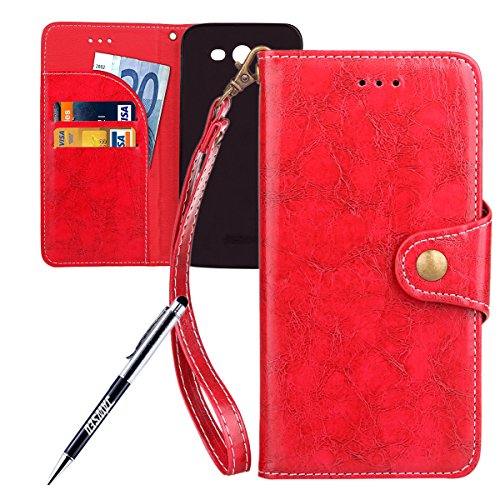 Galaxy J3 2017 Case, Galaxy J3 Prime Cover, JAWSEU [Shock-Absorption] Luxury Solid Retro Premium PU Leather Flip Cover for Samsung Galaxy J3 2017 Protector Skin with Soft Silicone Case Credit ID Card Slots Magnetic Closure Kickstand Strap Phone Pouch Smartphone Shell Protective Wallet Case for Samsung Galaxy J3 2017 US / Samsung Galaxy J3 Prime + Stylus Pen - Red