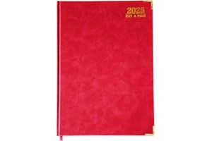 EJRange 2025 Diary Day to Page A4 - Half an Hour Time Slots for Appointments, Daily Planner, Journal, Notebook, PU Leather Cover Ribbon - Gold and Burgundy