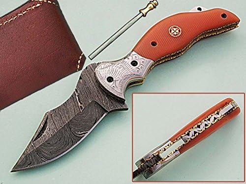 HANDMADE 18CM AWESOME FOLDING POCKET KNIFE MADE WITH REAL DAMASCUS STEEL WITH G10 MATERIAL HANDLE AND ENGRAVED BOLSTERS:(BDM-68) (LEGAL TO CARRY)