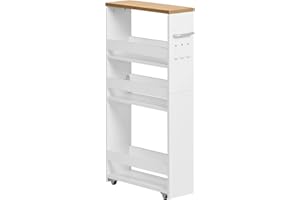 FetiNes Carrello per Nicchia con Ruote, 4 Livelli, Servizio Stretto Salvaspazio, Carrello da Cucina Bagno Sottile Multiuso 40x14x80cm,Rovere Chiaro+Bianco