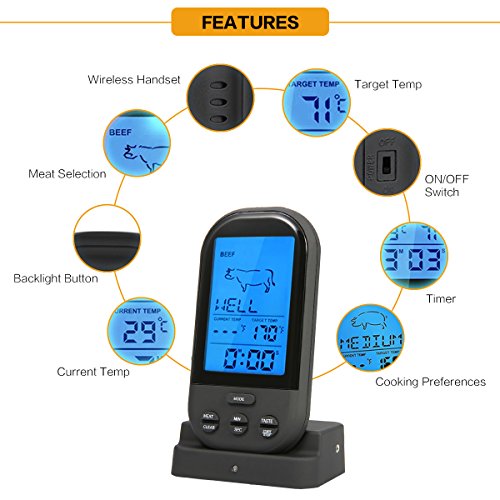 Wireless Barbecue Grill Thermometer ,SGODDE Digital Zeitmesser mit großem LCD-Display , Grillthermometer Bratenthermometer mit Timer für BBQ Kochen, Grill, Ofen, Fleisch, Indoor / Outdoor-Grill schwarz - 2