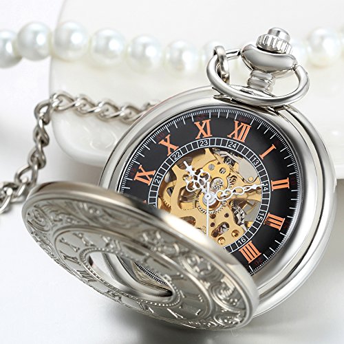 JewelryWe Klassiker Retro Taschenuhr rmische Ziffern Herren Handaufzug mechanische Kettenuhr Skelett Uhr mit Halskette Kette Umhngeuhr Vatertag Geschenk Silber