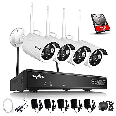 SANNCE 4CH 720P HD Wireless Système de Video Surveillance HD IP Caméra de Surveillance Network Sans Fil Extérieur NVR Enregistreur Smartphone Accès à Distance Surveillance Disque Dur de 1TB