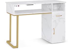 Barberpub Tavolo manicure con cassetto e armadietto, tavolo per unghie con aspirazione, 3 prese, tavolo per unghie in legno, scrivania per salone di bellezza, marmo bianco oro, 50x110x82 cm, 2491