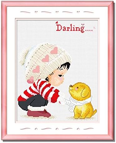 DOMEI Stamped Cross Stitch Kit, Kid and Dog in Winter, 13.8 x 16.5 inches