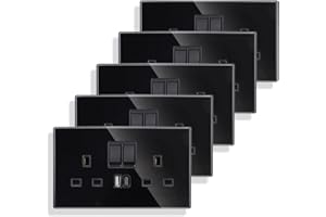 JIMEIDA 5 Pack Double Switched Socket 13 Amp with USB A and Type C 3.1A Charging Ports Crystal Black Glass Panel Wall Outlet Electric Power Socket