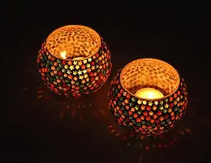TRIOHOMES Mosaic Glass Candle Votive T Light Holder Home Decor Lighting with Tea Light Set of 2-White Color Star Design - Attractive Look - Home Decoration, Dining Table, Diwali, Christmas, Hotel, Party, Room