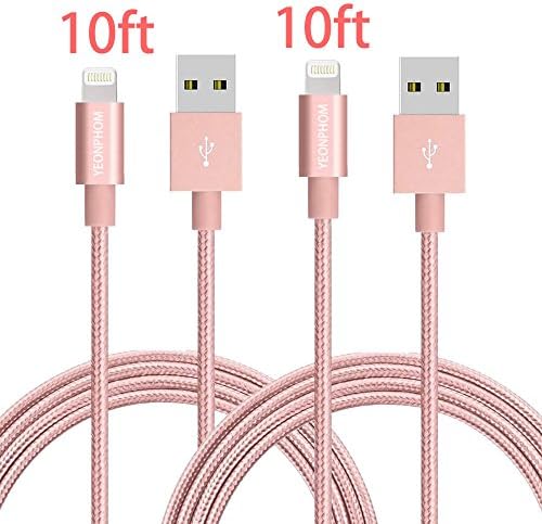 iPhone charger, YEONPHOM 2Pack 10FT/3M Lightning Cable Nylon Braided 8Pin USB Charging Extra Long Cord for Apple iphone 7/7 Plus/6s/6s plus/6plus/6/5s/5c/5/SE, iPad Mini/Pro/Air/iPod(Rose Gold)