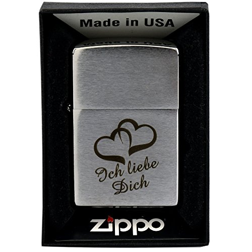 Zippo mit Gravur „Ich liebe Dich“ und 2 Herzen auf Chrome brushed Benzinfeuerzeug - 3