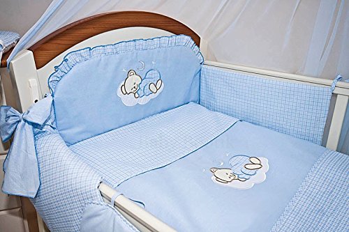 5 Piece Baby Duvet Bedding Set Bumper, Covers - SLEEPING BEAR To Fit (Cot 120x60, Blue Check)