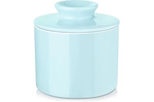 LOVECASA Butter Keeper Crock Porcelain French Butter Dish with Lid, Ceramic Butter Crock Keeper for Soft Butter,Blue