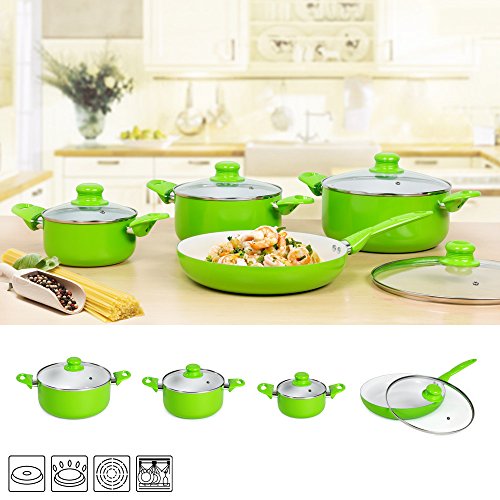 TecTake 8 teiliges Keramik Kochtopf Set mit Glasdeckel -diverse Farben- (Grün) - 2