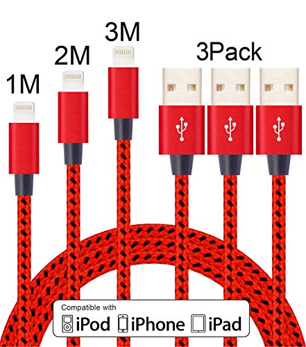 Elebar Lightning Cable 3Pack 1m 2m 3m Extra Long Nylon Braided Apple iPhone Charger Cable Charging Lead Cord USB Wire for iPhone 7/7 Plus/6S Plus/6 Plus/5/5S/5C/SE,iPad Pro/Air/mini, iPod-Red & Black
