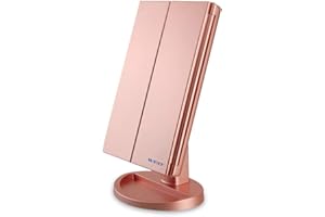 WEILY Specchio per il Trucco con Luce 1x / 2x / 3x Trifold Ingrandente con 36 LED Touch Screen Luci e Ricarica USB, Supporto Regolabile a 180 Gradi per Specchio Cosmetico per Il Trucco - Oro Rosa