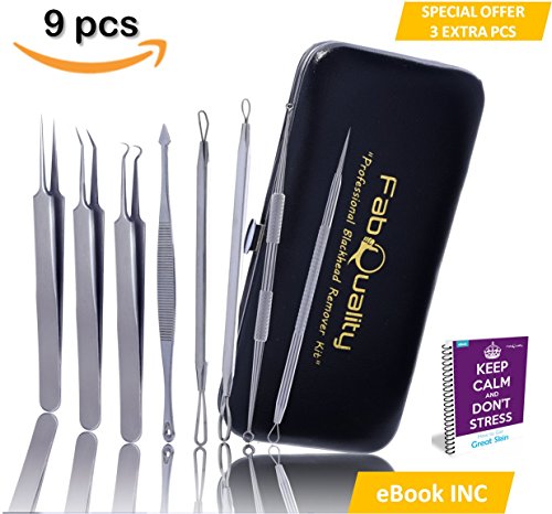 Preisvergleich Produktbild FabQuality 9 - Teiliges Komedonenquetscher Mitesserentferner Set aus Edelstahl,Nagelhautschieber Werkzeug Gesundheit Behandlung für Pickel Whiteheads Akne Extraktoren