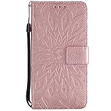 DENDICO Huawei Mate 10 Hülle, Premium Leder Wallet Tasche Etui Sonnenblume Prägung Hülle mit Magnetverschluss, Flip Brieftasche Handy Schutzhülle für Samsung Huawei Mate 10 - Roségold