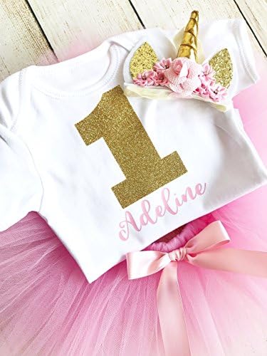 Personalised Unicorn 1st Birthday Tutu Outfit, Gold Glitter Pink Number Bodysuit, Unicorn Horn Headband, Baby Girl, Photoshoot, Cake Smash