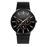 Dinghang Männer Analog Quarz Uhren Tag Woche Kalender Armbanduhr mit schwarzem Edelstahlband