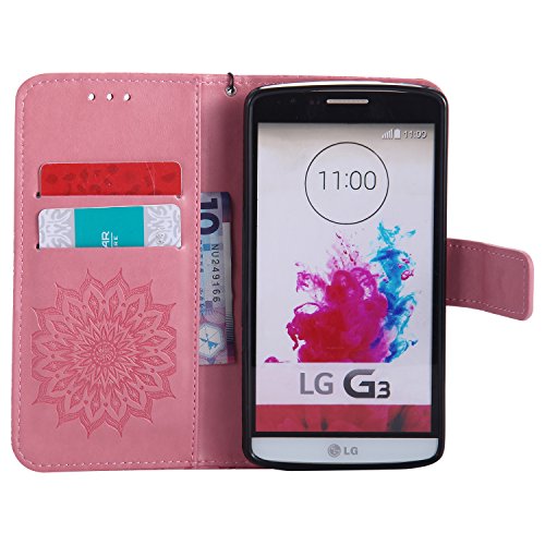 LG G3 Hülle,LG G3 Leder Wallet Tasche Brieftasche Schutzhülle,Cozy Hut® Prägung Sunflower Muster PU Lederhülle Flip Hülle im Bookstyle Cover Schale Stand Ständer Etui Karten Slot Schutzhülle Pink Tasche Wallet Case für LG G3 / D858 5,5 Zoll – Rosa - 7