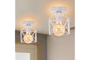 iDEGU Lot de 2 Plafonnier Industrielle en Métal Cage Carré, 15CM Lustre Abat-jour Fer Luminaire E27 40W Lampe de Plafond pour Salon Chambre Bar, Blanc (Hexagone)