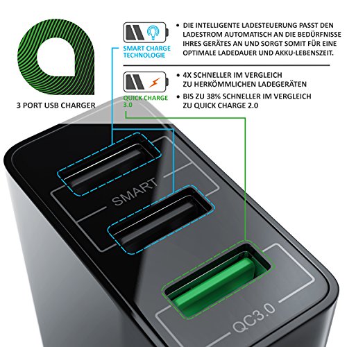 CSL - USB LadegerÃ¤t 30W QC 3.0 | 3-Port Netzteil inkl. Quick-Charging ( Schnellladefunktion ) | Smart Charge + Solid Charge (intelligentes Laden) | geeignet fÃ¼r Handys, Smartphones, Navis, Tablets uvm. | schwarz