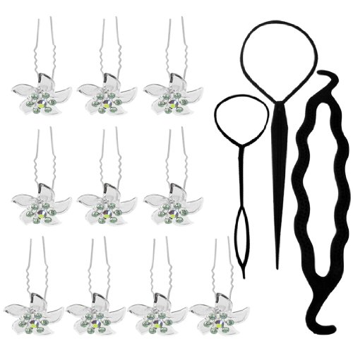 kilofly Rhinestone Flower Hair Pins Set of 10, Emily, + Hair Styling Bun Maker Tools