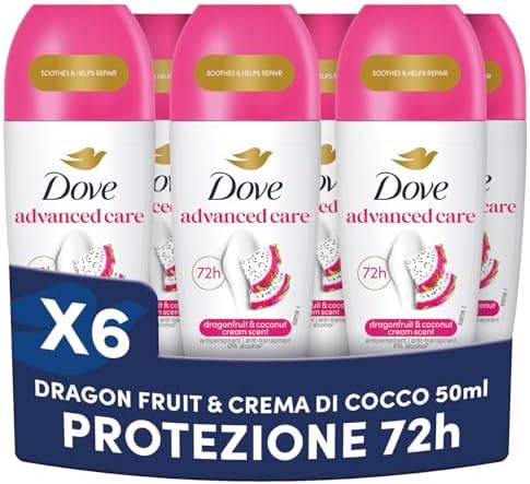 Dove Deodorante Roll On Advanced Care Dragon Fruit & Coconut Cream, Deodorante 48 Ore Protezione Sudore e Odori, Formula Idratante e Delicata, Ripara la Pelle dopo la Rasatura, 6 Pezzi da 50 ml