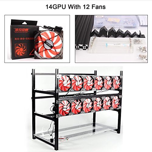 Fojusteu Aluminum 14 GPU Mining Rig Case With 12 PCS 120mm Case Fan, Stackable Open Air Frame Miner Case For ETH/ETC/ZCash/Cryptocurrency(Red Fans,Black)