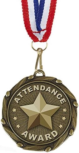 Pack of 10 x Gold Combo Attendance Award Medals with Red, White & Blue Ribbons 45mm (1 3/4?)