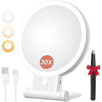 Miroir Grossissant Lumineux 30X/1X 2 Côtés,3 Couleurs Lumineuses et à intensité Variable Maquillage LED 2000mAh Miroir Cosmétique 360° à Rotation pour la Salle de Bain ou la Chambre à Coucher-Blanc