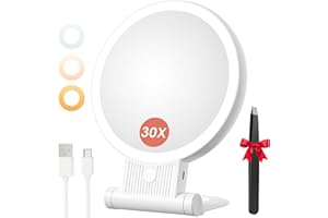 Auxmir Miroir Grossissant Lumineux, 30X/1X Double Face, Miroir Maquillage LED 2000mAh Rechargeable avec 3 Couleurs éclairage, Pliable Portable pour Voyage