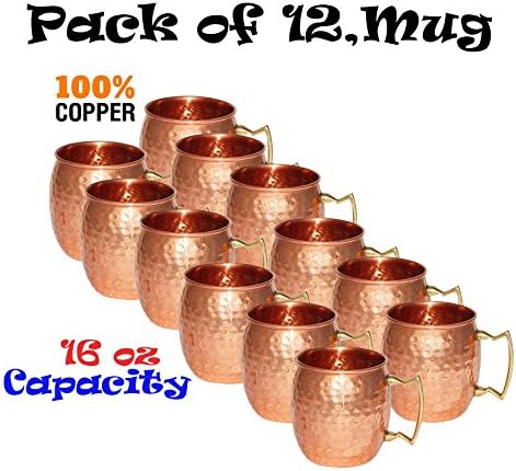 Solid Copper Moscow Mule Mug - Set of 12 Mugs - No Lining - 100% Pure Copper - Hammered Type Copper Mug - 45 cL Capacity - Great for Any Chilled Beverage! Brilliant for Entertaining &amp; Your Home Bar Cart! Unique Barware Gifts for Women &amp; Men (12 Mugs)