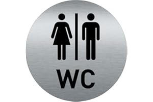 AUA SIGNALETIQUE - Plaque de porte Aluminium brossé imprimé AluSign Ø 85 mm - épaisseur. 3 mm - Double Face adhésif au dos (Toilettes - WC)