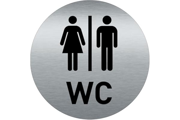 AUA SIGNALETIQUE - Plaque de porte Aluminium brossé imprimé AluSign Ø 85 mm - épaisseur. 3 mm - Double Face adhésif au dos (Toilettes - WC)