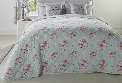 DREAMS AND DRAPES Dreams N Drapes - Penelope - Pink Floral Bouquets and Vertically Striped Reverse Bedspread - 195 x 229cm, Duck Egg