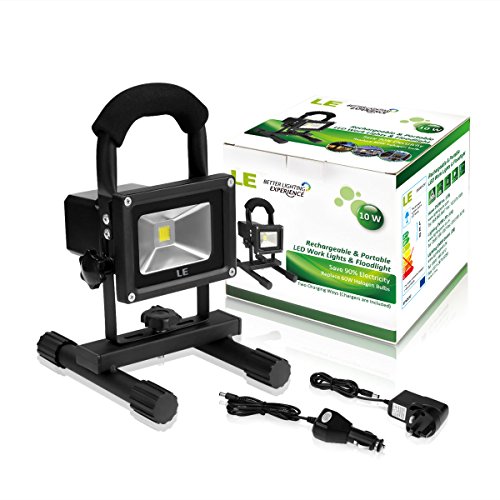 LE 10W LED Rechargeable Portable Work Light, Waterproof Flood Light, Security Lights, Outdoor Emergency Lighting, 60W Halogen Bulb Equivalent, Daylight White, Adapter and Car Charger Included
