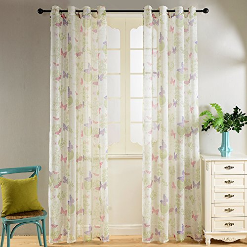Top Finel Fantastische Schmetterling Voile Gardinen Sheer Vorhang Panels für Küche Wohnzimmer Schlafzimmer, Tüllen, Panel, Polyester, Weiß,H×B: 215×140 cm - 2
