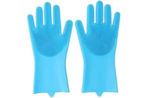 Taylor & Brown Pair of Magic Dishwashing Cleaning Sponge Gloves Reusable Silicone Brush Scrubber Heat Resistant for Kitchen Bathroom Cleaning Pet Hair Care Car Washing (Blue)