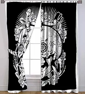 Cotton Valances Drapes Panels Treatments Curtains - Black & White, Skull by Handicraft-Palace